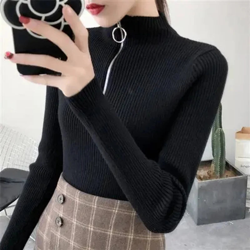 Knitted Women Zipper Half High Neck Sweater Pullovers Autumn Winter Basic Women Sweaters Slim Solid Knitwear Pull Femme Tops