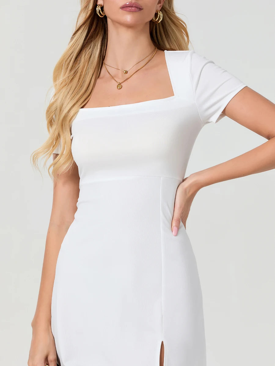 Women Mini Dress Solid Color Square Neck Short Sleeve A-line Dress Fashion Summer Slit Dress