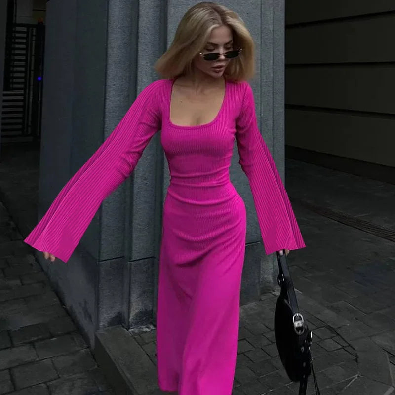 Fashionable Loose-Fit Long Sleeve Dress Women's Autumn 2024 U-Neck Back Strap Cross-Border European And American Style