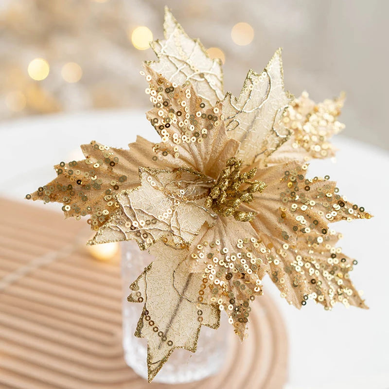 1PC Glitter Artificial Christmas Flowers Christmas Tree Decorations Home Fake Flowers Christmas Ornaments New Year Decorations