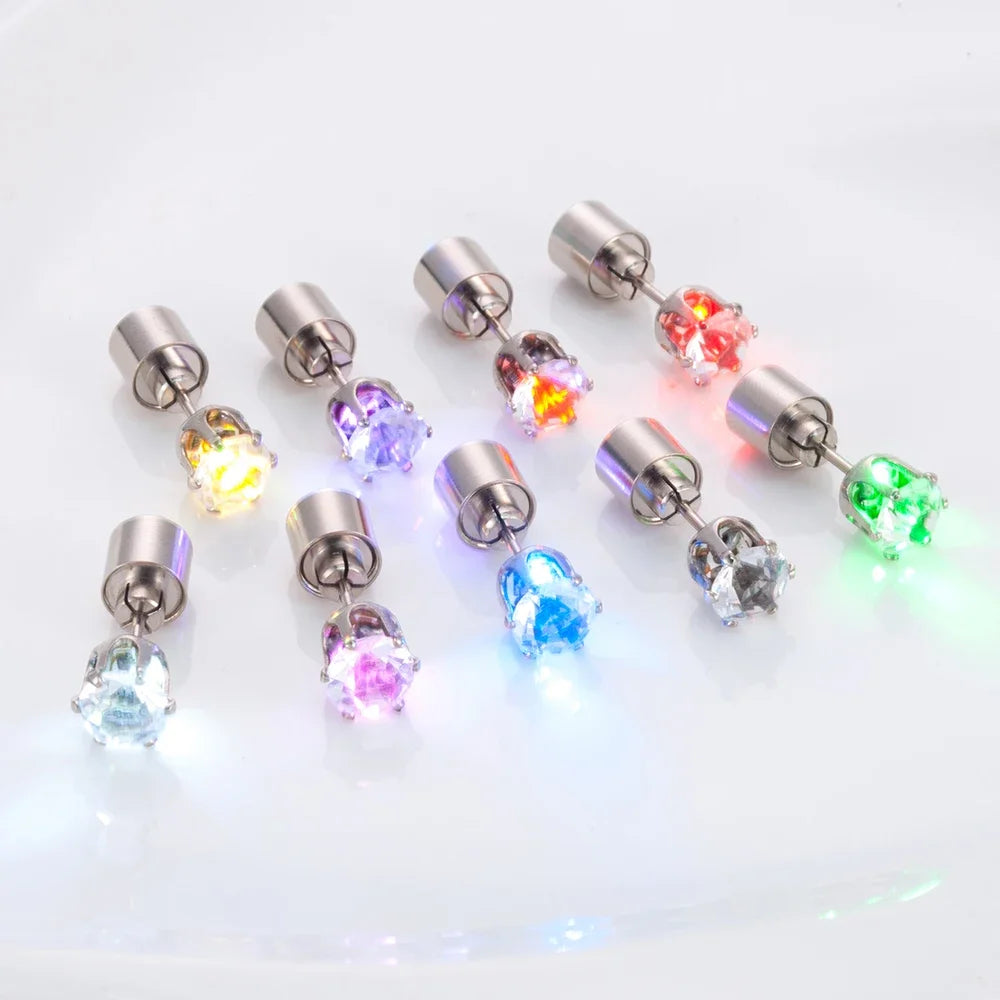 2PCS Colorful LED Luminous Studs Square Zircon Earrings Men Women Bar Rave Wedding Party Ear Stud Jewelry Glowing Earring