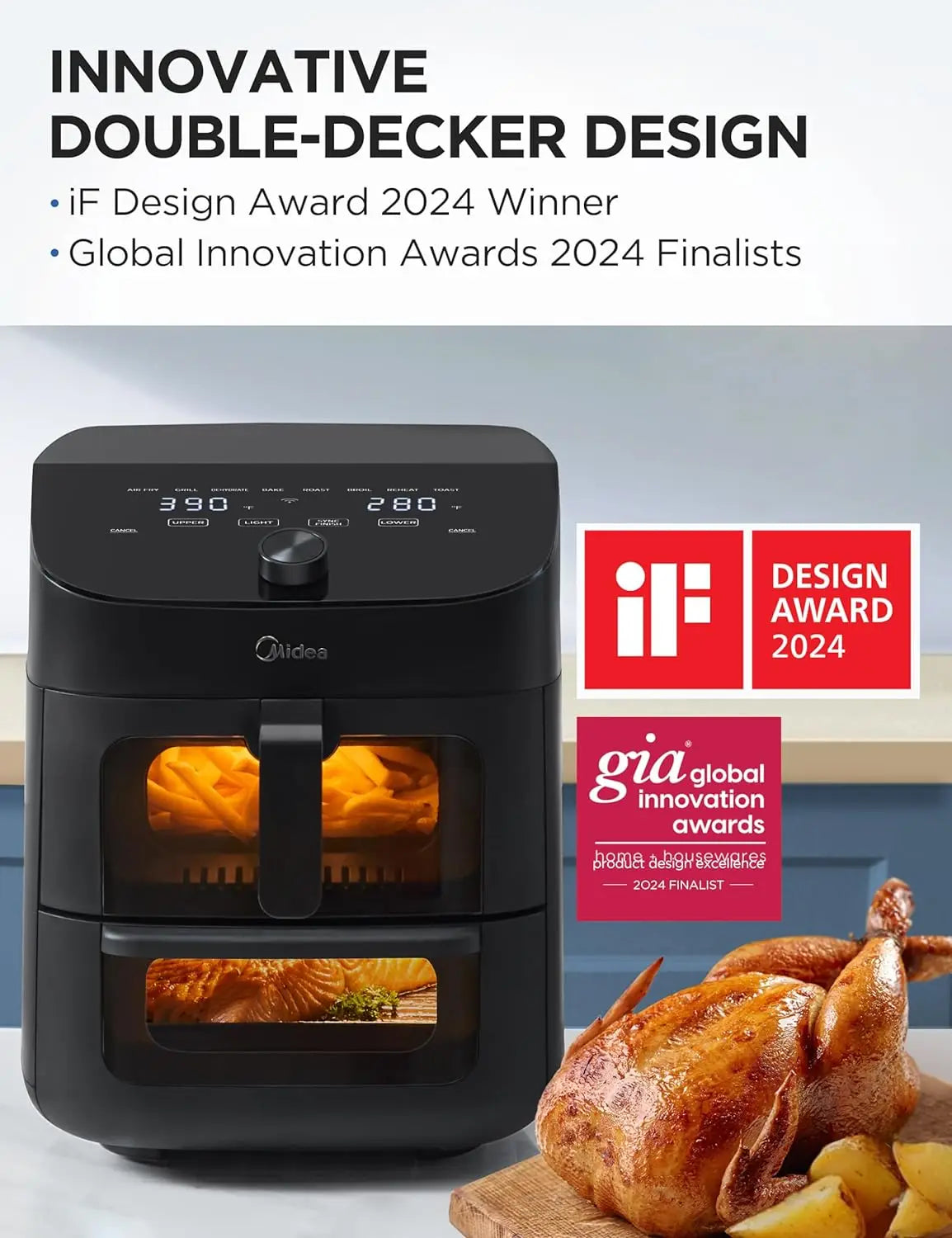 Midea Dual Basket Air Fryer Oven 11 Quart 8 in 1 Functions Clear Window Smart Sync Finish Works with Alexa Wi-Fi Connectivity