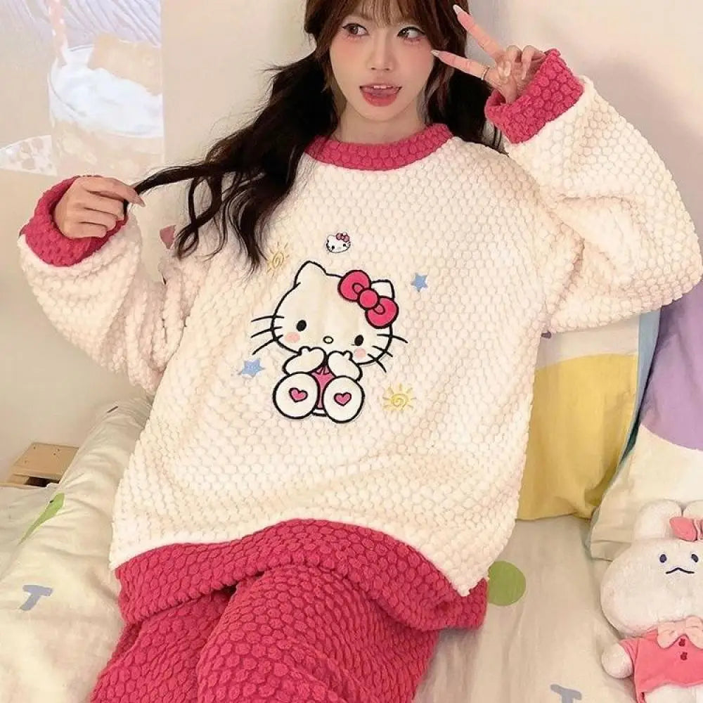 Women Cute Hello Kitty Pajamas Pants Suit Sanrioed Anime Kawaii Spring Winter Cardigan Plush Coral Fleece Red Cartoon Homewear