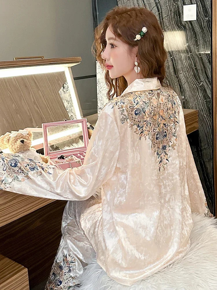 2024 Spring Autumn New Pajamas Women's Korean-Style Lapel Golden Velvet Top With Pants For Outer Wear Home Clothes