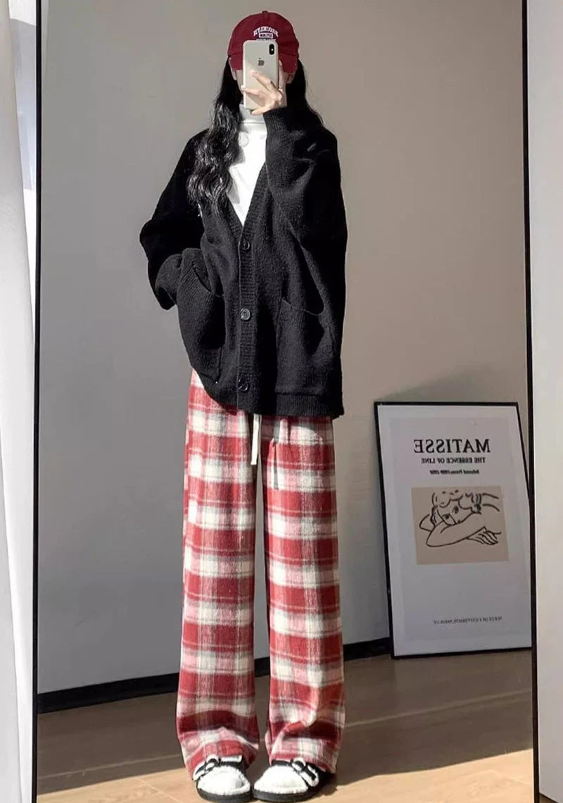 Vintage Plaid Padded Thick Pants Women Fall Winter Warm High-Waisted Casual Straight Wide-Legged Pants Hip-Hop Y2K Trousers