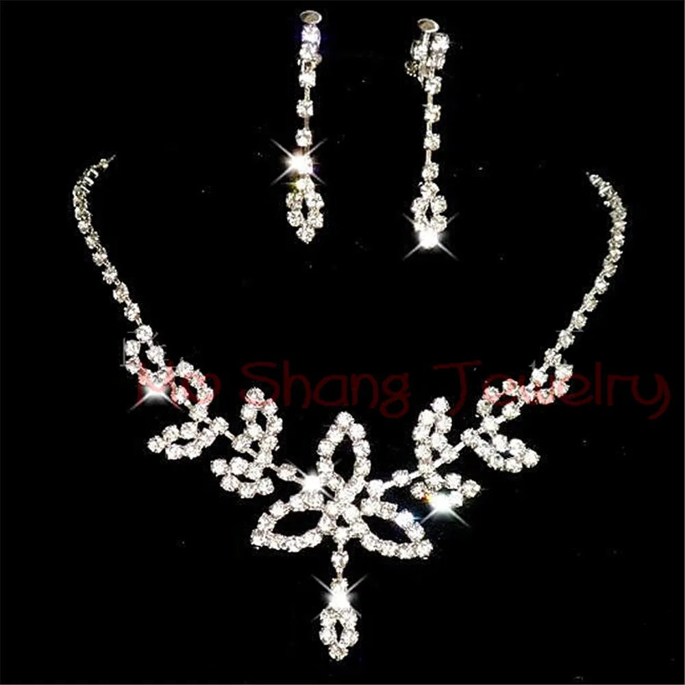 Rhinestone Crystal Silver Color Choker Necklace & Earrings for Women Rhinestone Statement Bridal Wedding Jewelry Sets Wholesale