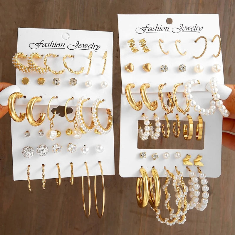 New Gold Color Big Circle Hoop Earring Set for Women Fashion Bohemia Vintage Pearl Earring Heart Zircon Ear Studs Jewelry Gifts