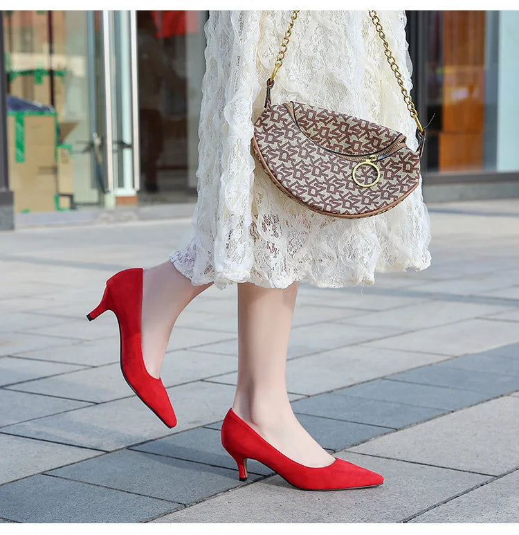 Low Heel Pumps Lady Pointed Toe Kitten Heels Female Green Flock Plus Size 43 44 45 46 Red Shoes 2023 Women 5cm High Heels