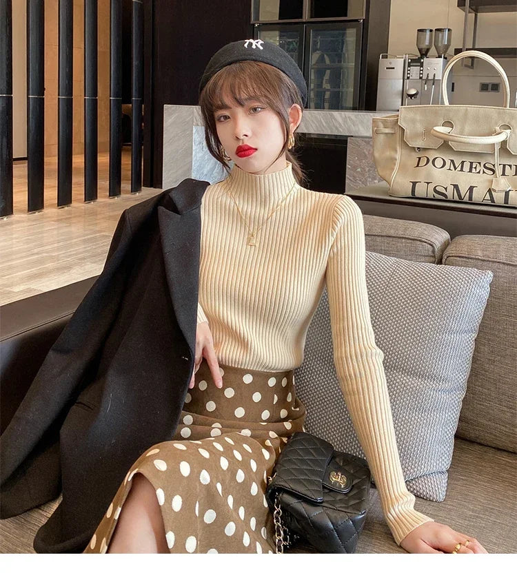 Autumn Winter Women Clasi Striped Solid Slim Y2k Turtleneck Sweater Pull Fashion Knitwears Pullovers Clothing Jumper Blouse