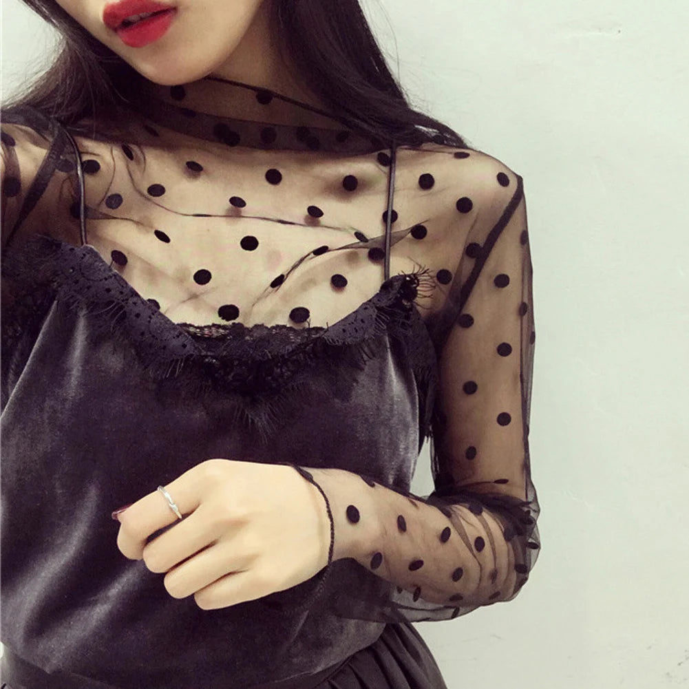 Women Fashion T-Shirts Versatile Tulle Mesh Long Sleeve Casual Printed Base Blouses Ladies Thin Tops Soft Comfortable Blouses