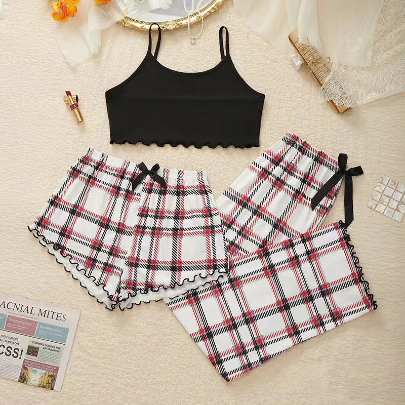 Wholesale Suspender Shorts Trousers Three-Piece Fashion Casual Bow Tie Home Wear Set Women'S Casual Pajamas Set