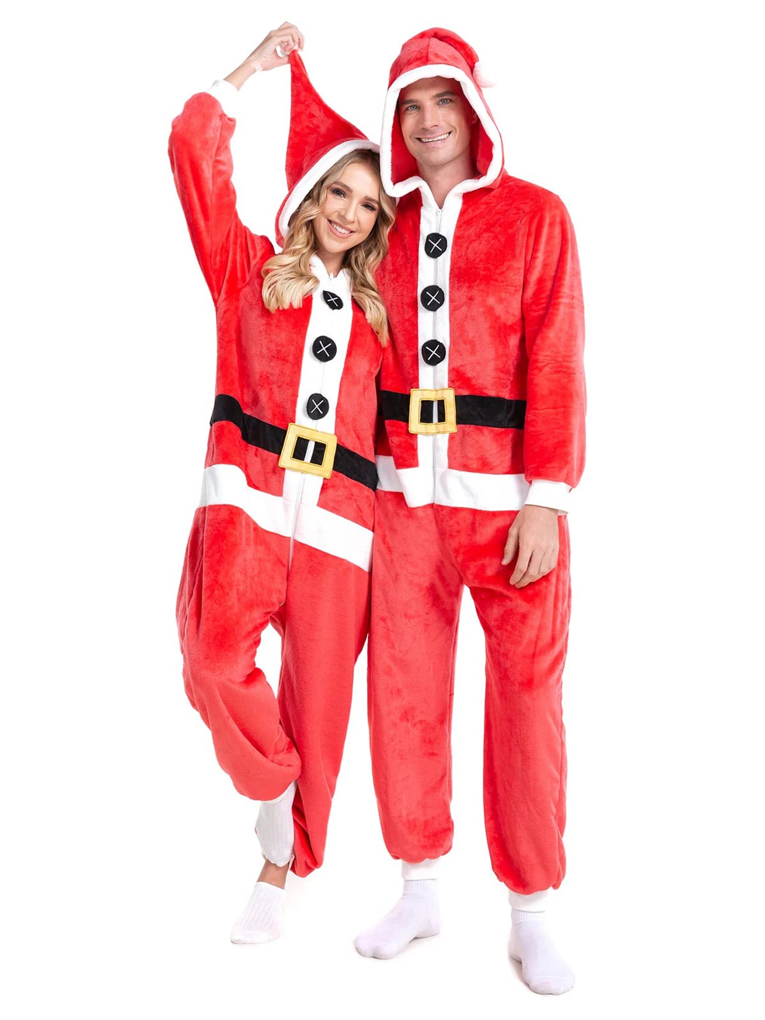 Women s Christmas Costume Mrs Claus Velvet Long Sleeve Hooded Belt Printed Zipper Full-Length Jumpsuit with Faux Fur Trim