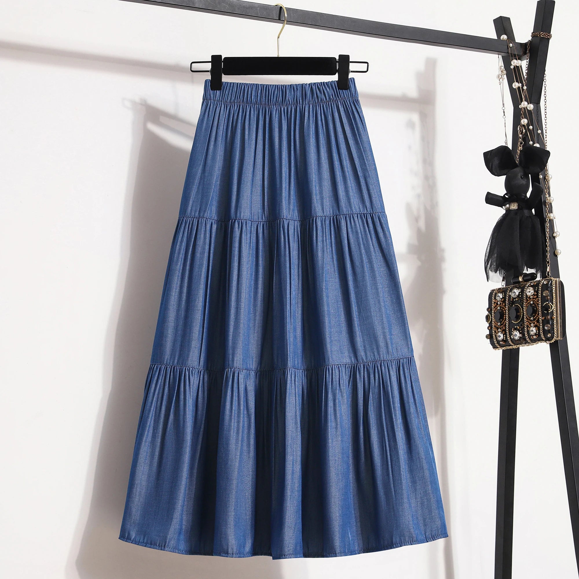 Women's Patchwork Denim Color Spliced A-line Skirt Tencel Big Swing Long Thin Skirt