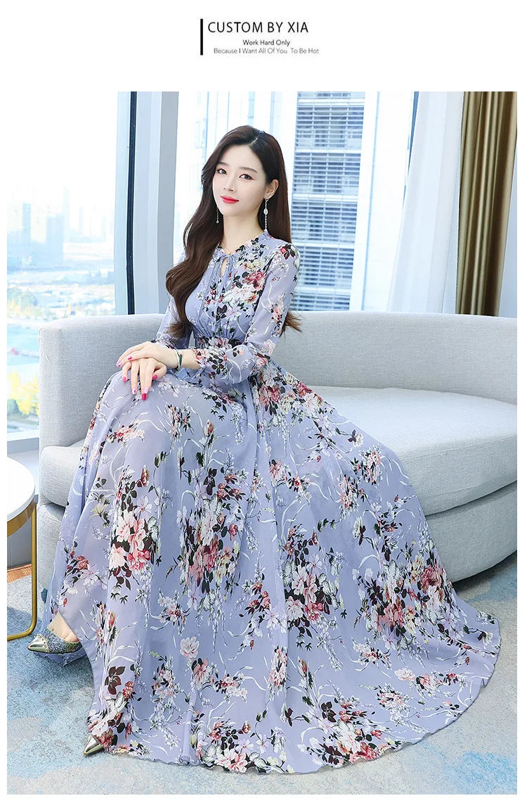 Spicy Mom Dress Chiffon Moms Korean Edition New Autumn and Winter Fragmented Flower Long Style New Long sleeved Medium Long UAFP