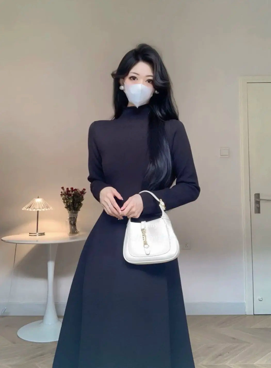 Solid Half High Collar Long Sleeve Jersey Dress Loose Casual Sweat All Match A-line Skirt Elegant Fashion Harajuku Wool Dress