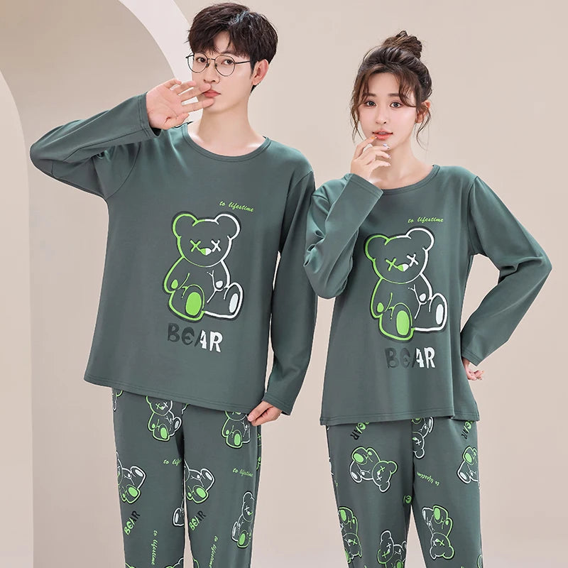 Big Size M-4XL Couple Pajamas Set Cute Cartoon Knited Cotton Sleepwear Women and Men Long Sleeve Pijamas Mujer