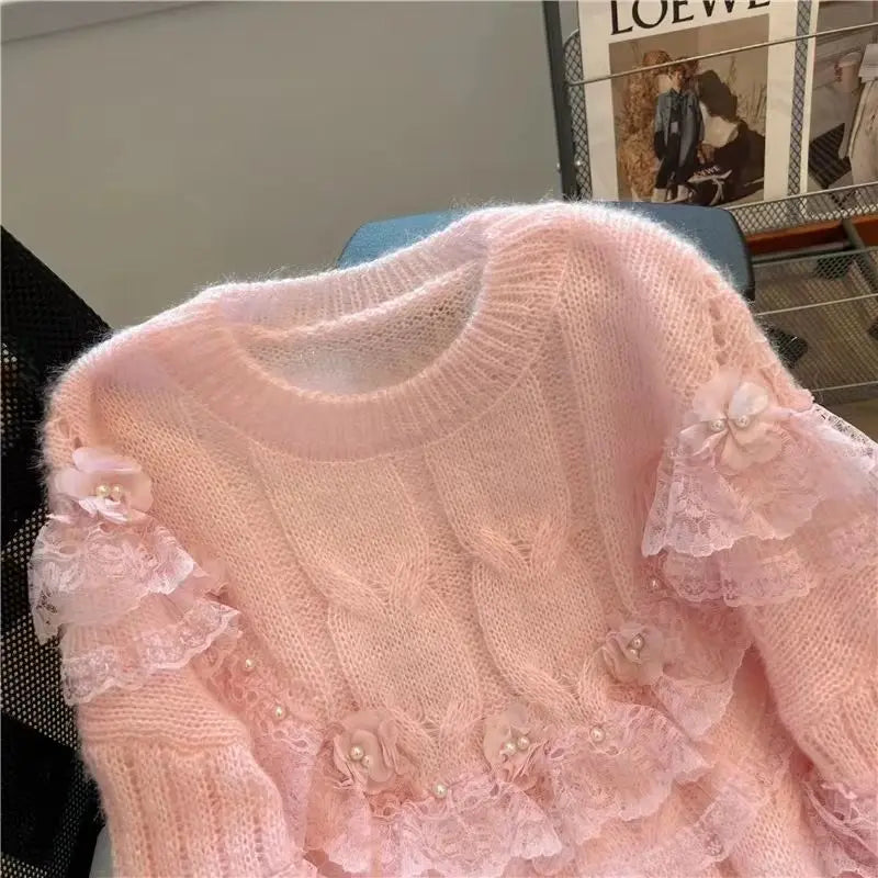 Kimotimo Japanese Sweet Lace Patchwork Sweater Women Autumn Winter Beading Fashion O Neck Loose Long Sleeve Knitted Pullover Ins