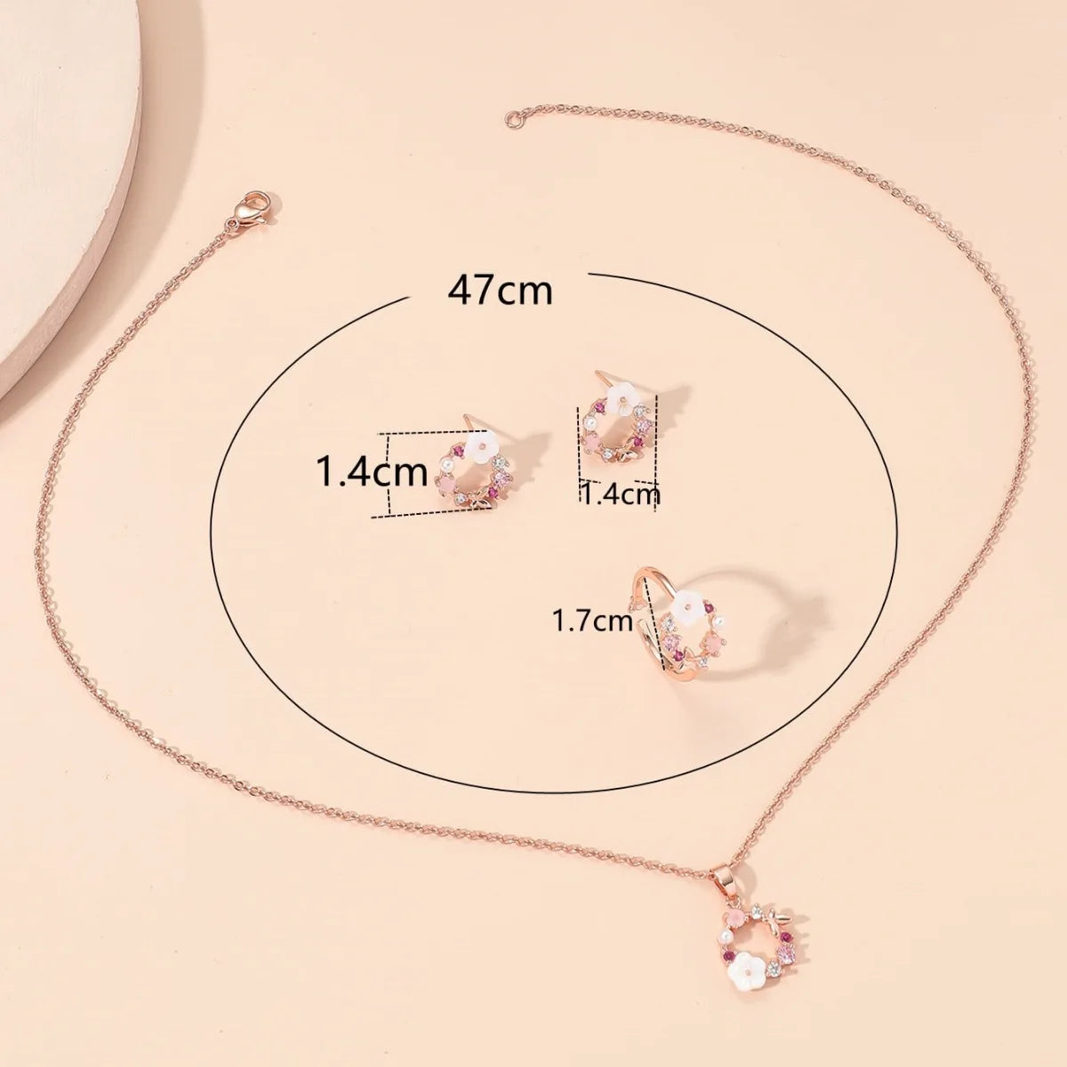 4pcs/set Rose Gold-color Jewelry Set Lady Flower Fashion Accessories Zircon Simple Ornate Exquisite Necklace Ring Earrings