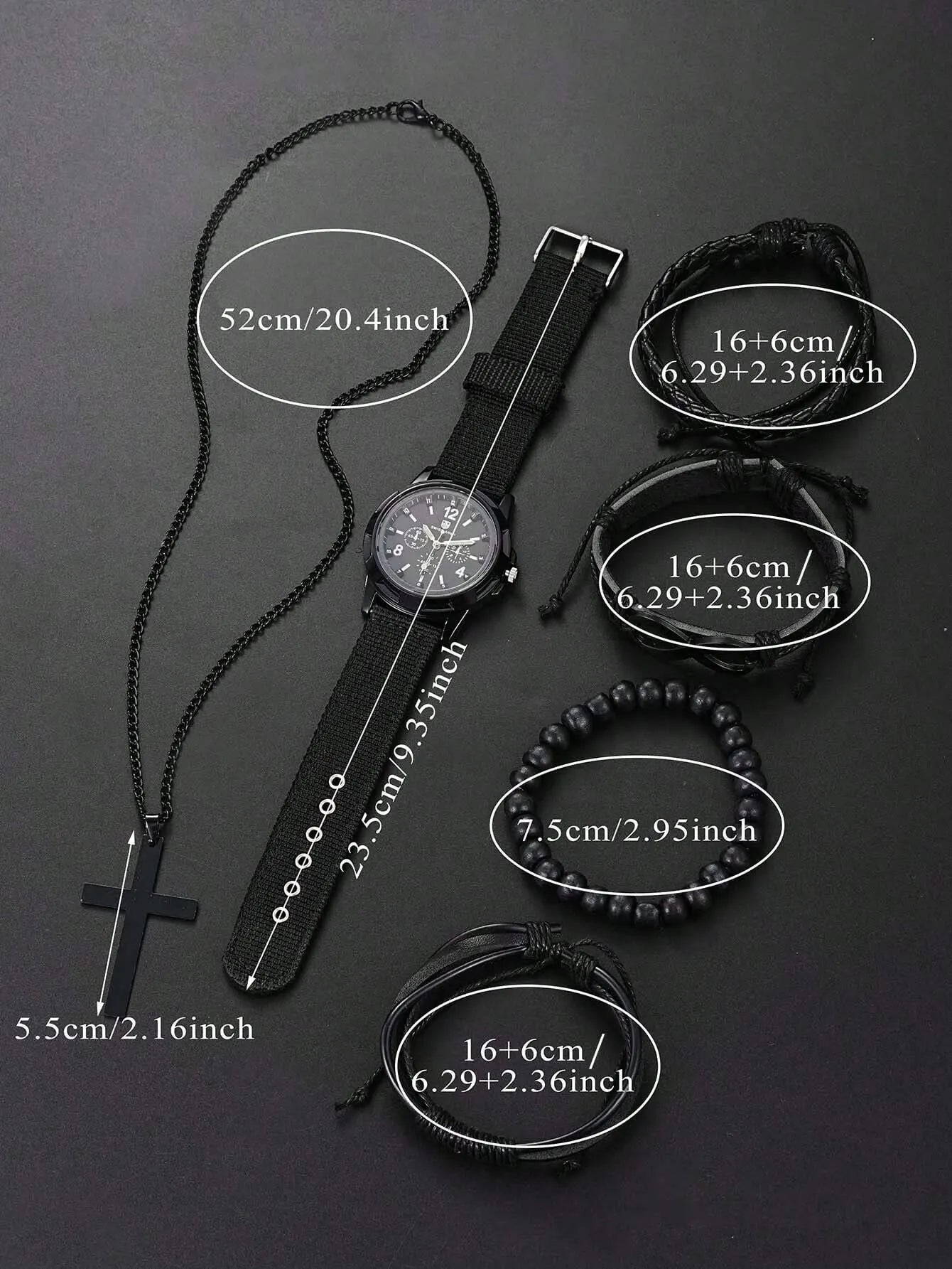 6pcs_Set Fashionable Pu Leather '8' Shape Beaded Bracelet With Mechanical Watch, Cross Pendant Necklace For Men, Black-Colored