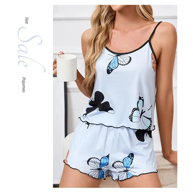 Women's Pajama Set Butterfly Print Sleepwear Summer Sleeveless Cami Tops & Shorts Pyjama Pjs Suit Soft  Home Clothes Loungewear