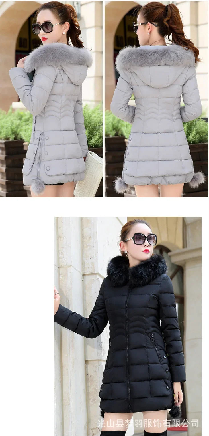 2024 Winter Women Jacket Parkas Big Fur Collar Hooded Thick Warm Down Cotton Coat Female Casual Fashion Female Outerwear R006