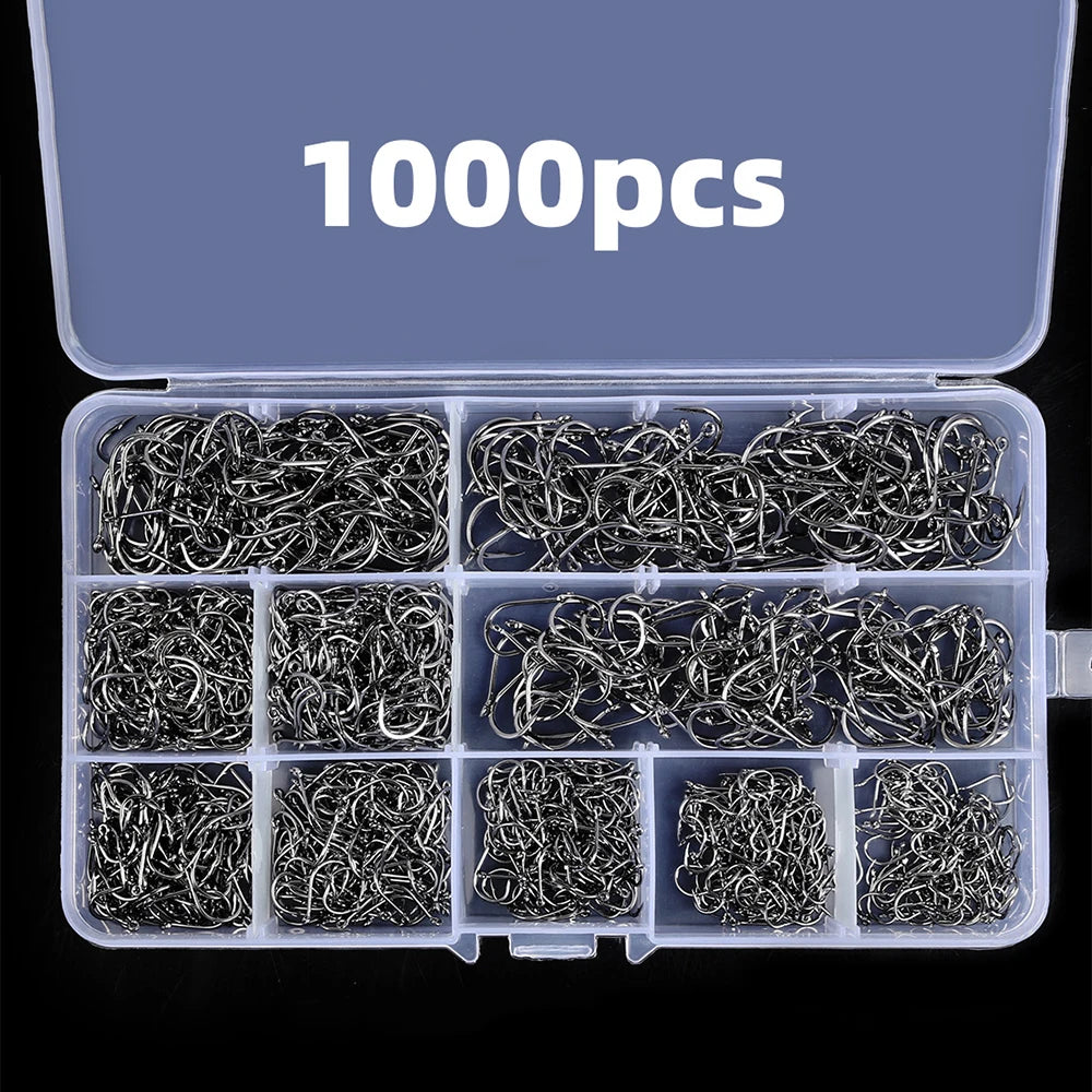 1000PCS Fishing Hooks Set High Carbon Steel Sharp Durable Barbed Fishhook Rock Fishing Equipment Gear Tackle Accessories with bo