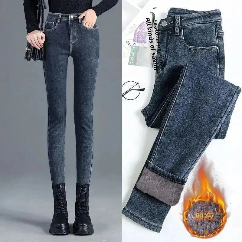 High-Waisted Slimming Stretchy Korean-Style Tight Jeans Women's Fleece-Lined Casual Trousers Warm Long Pants