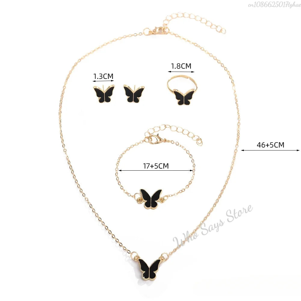 Butterfly Jewelry Sets Crystal Acrylic Romantic Bracelet Ring Necklace Earring Set for Women Wedding Dinner Dress Accessories