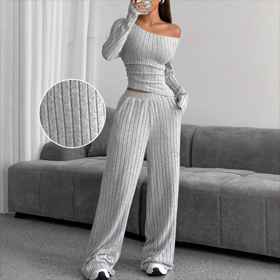 2024 Spring Knitted 2 Piece Sets Women Tracksuit Long Sleeve Vintage Sweater Crop Top Flare Pants Stretch Matching Suit Outfit