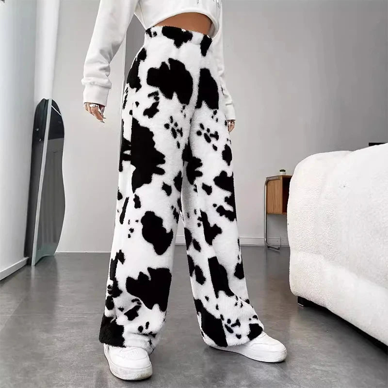 Milk Cow Printed Warm Women Plush Fur Elastic Pants High Waist Casual Loose Comfortable Pants Autumn Winter Female Vintage Pants