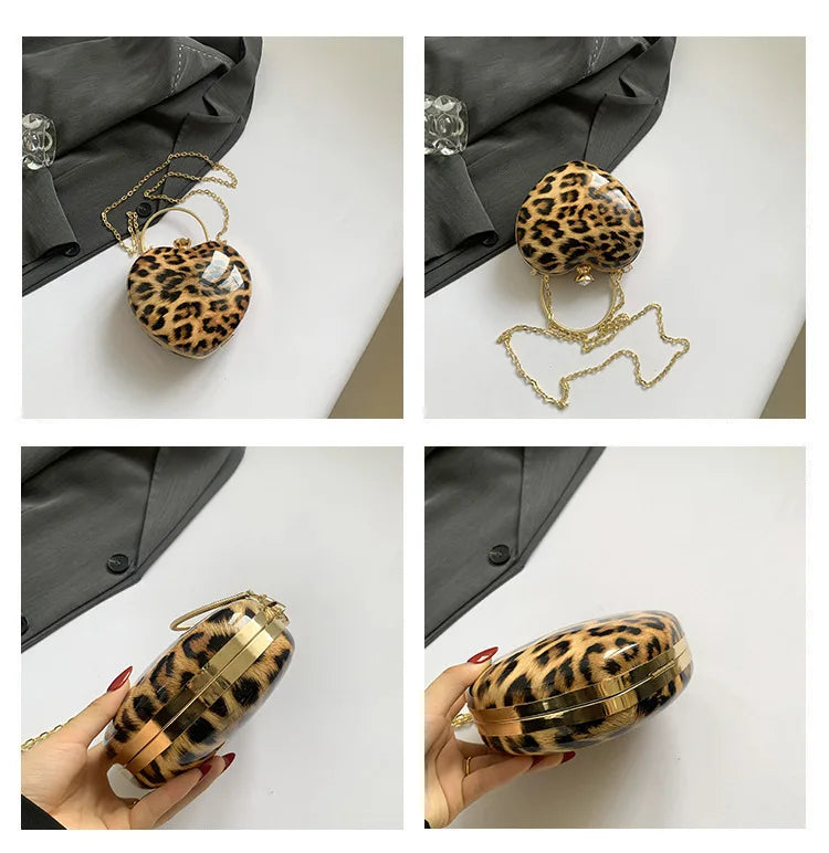 Ladies Famous Brand Evening Clutch Bag Heart Shape PU Patent Leather Leopard Print Luxury Phone Shoulder Handbag Women Wrist Bag