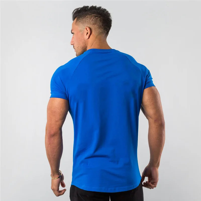 Cotton Plain Tops Tees Fitness Mens T Shirt Short Sleeve Muscle Joggers Bodybuilding Tshirt Male Gym Clothes Slim Fit Shirt