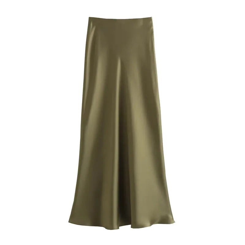 TRAF Woman 2024 Satin Skirt Women High Waist Long Skirts For Women Summer Black Midi Skirt Office Elegant Women's Skirts