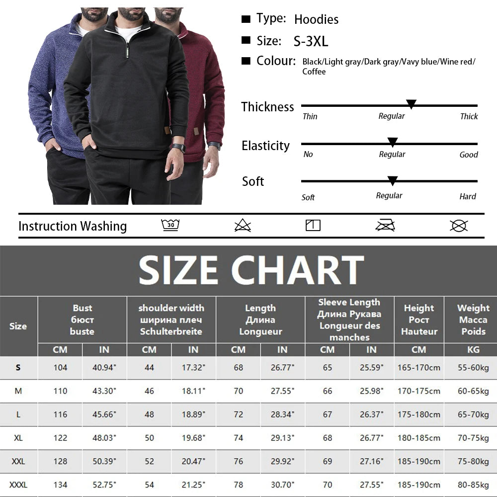 Men's Half Zipper Lightweight Sweatshirts Solid Color Pullover for Men Long Sleeve Turtleneck Streetwear Warm Jacket Coats