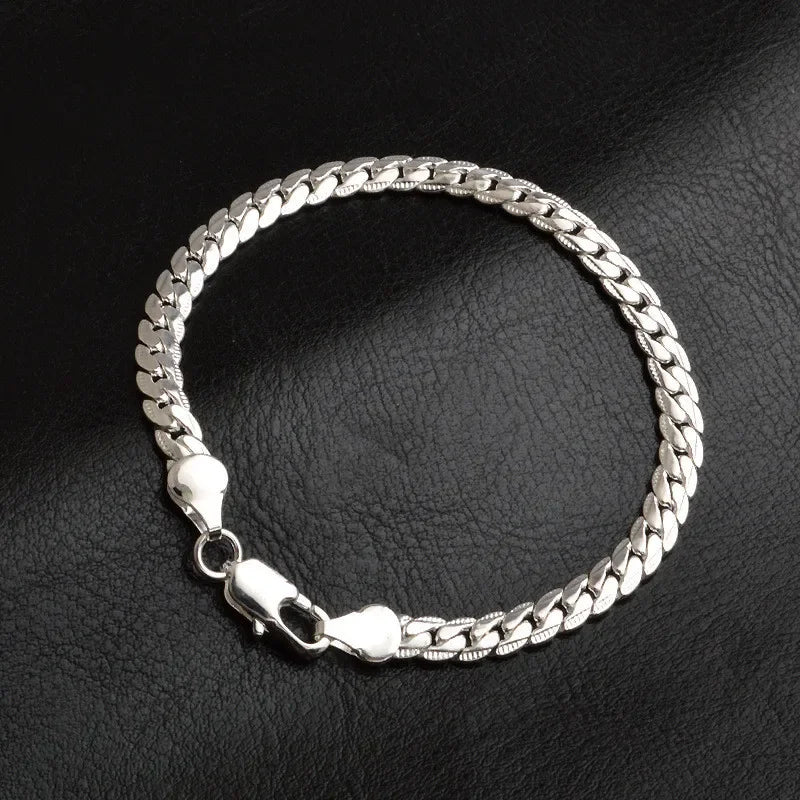 925 Sterling Silver Bracelet 6mm 18/20cm Flat Side Chain Lobster Clasp Bracelet for Woman Man Wedding Engagement Jewelry