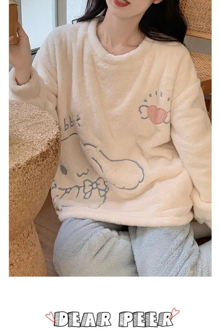 Cute Cinnamoroll Winter Pajamas Suit Sanrioed Anime Kawaii Cartoon Plush Homewear with Chest Pad Women Flannel Warm Nightwear