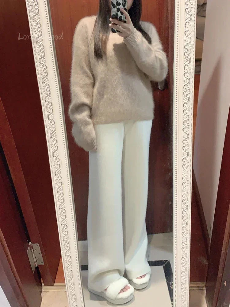 Autumn and Winter New High-waisted Loose Wool Knitted Wide-leg Trousers for Women To Wear Straight Leg Wide-leg Moped Trousers