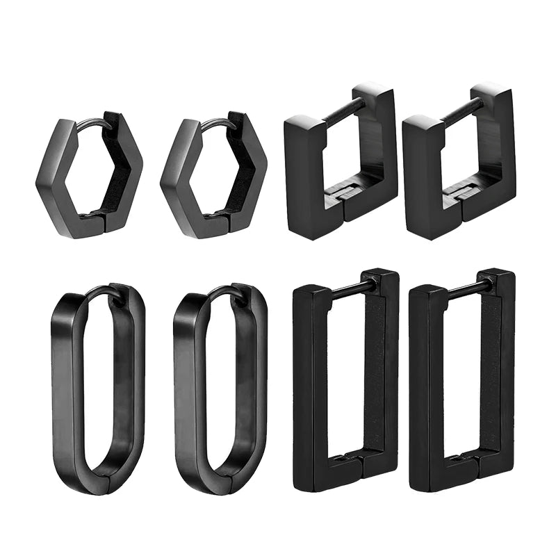 4 pairs Multiple Styles Punk Black Stainless Stud Earrings For Men and Women Gothic Street PopHip Hop Street Ear Jewelry Gifts