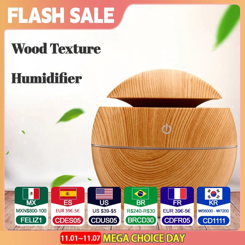 USB Ultrasonic Cool Mist Sprayer Essential Oil Fragrance Mini Home Wood Grain Air Humidifier Electric Air Aroma Diffuser Purifie