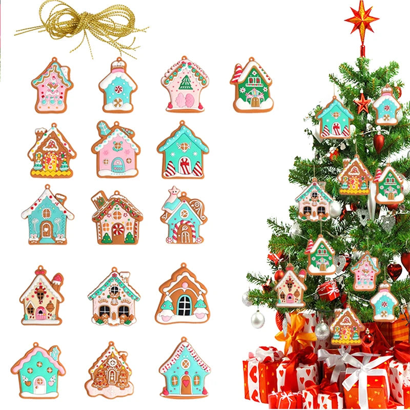 16pcs House Pendant For Christmas Tree Cute Mini Christmas Snow House Hanging Collection Creative Figurines House Pink Pendant