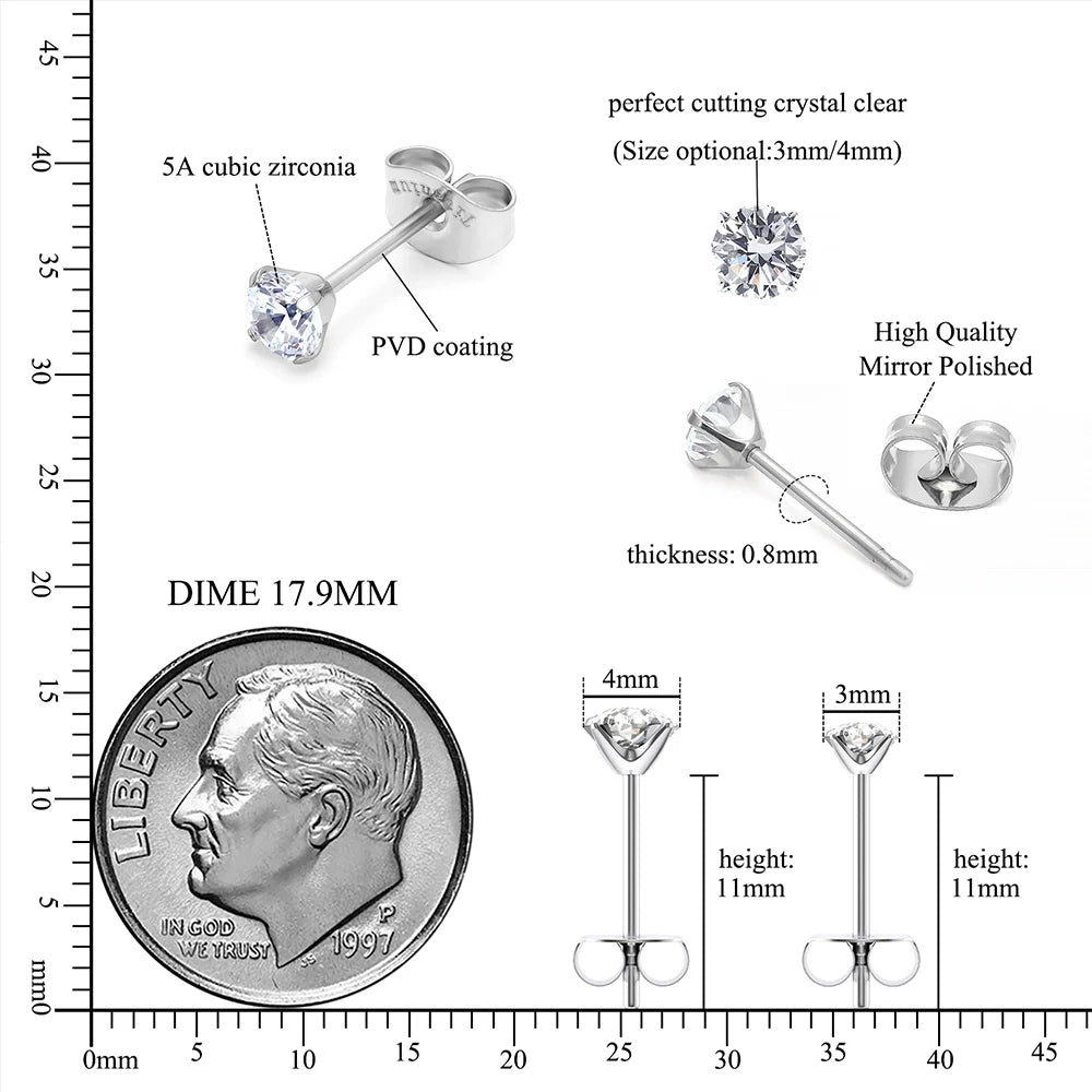 2Pcs G23 Titanium Round Crystal Zircon Ear Studs Earrings 4 Prong Tragus Cartilage Piercing Jewelry Unisex Women Men