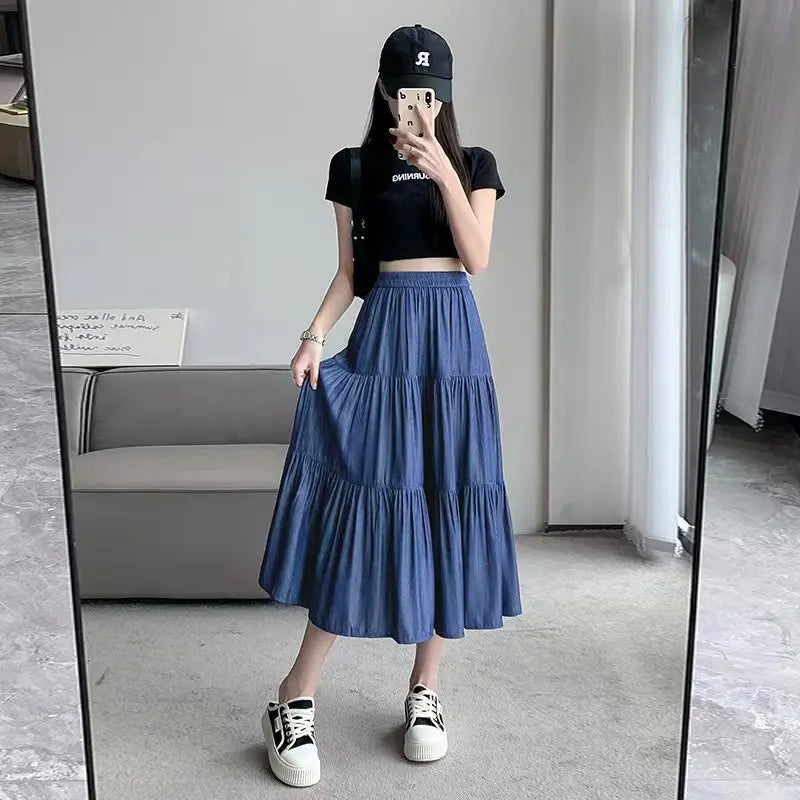 Women's Patchwork Denim Color Spliced A-line Skirt Tencel Big Swing Long Thin Skirt