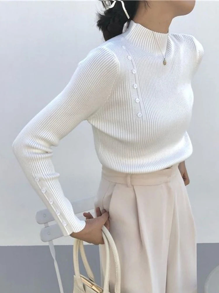 Women Knitted Sweater Long Sleeve Button Turtleneck Slim Pullovers for Autumn Winter Female Sweaters Soft Warm Bottoming Tops