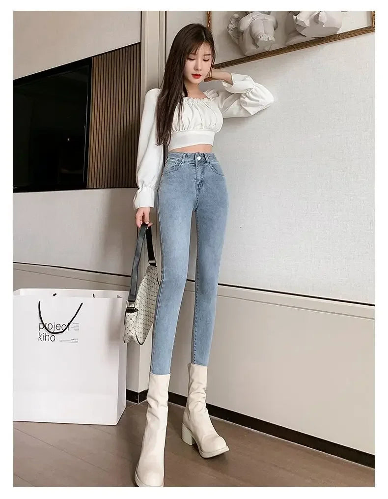 High-Waisted Slimming Stretchy Korean-Style Tight Jeans Women's Fleece-Lined Casual Trousers Warm Long Pants