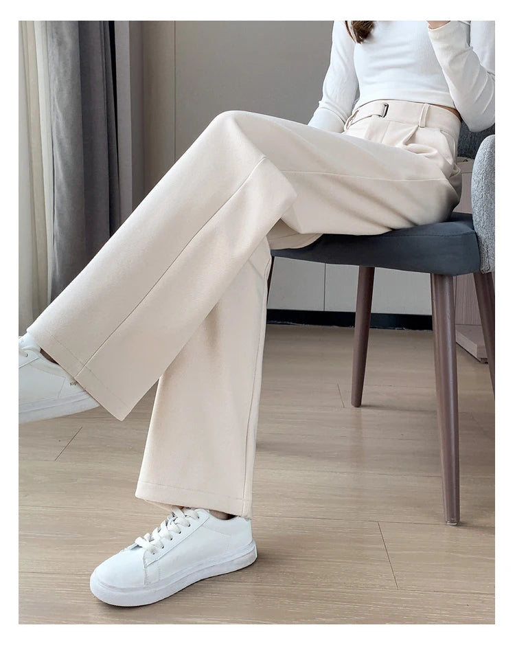 Seoulish Autumn Winter Thicken Woolen Casual Loose Full Length Pants 2023 New Button High Waist Chic Wide Leg Trousers Female