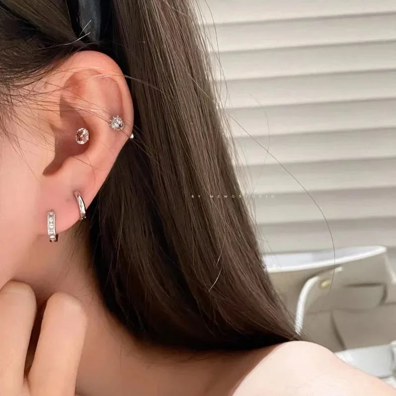 4Pcs Aesthetic Zircon Crystal Hoop Earrings Set for Women Egirl New Silver Color Earring Y2K Cool Daily Wear Jewelry Accessory