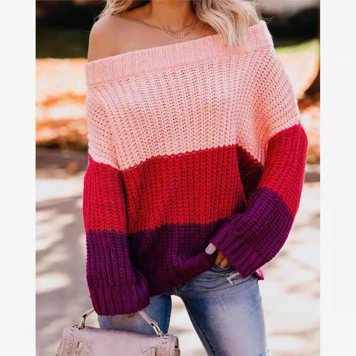 Autumn and Winter New One Necked Off Shoulder Patchwork Contrasting Loose and Versatile Knitted Pullover Sweater