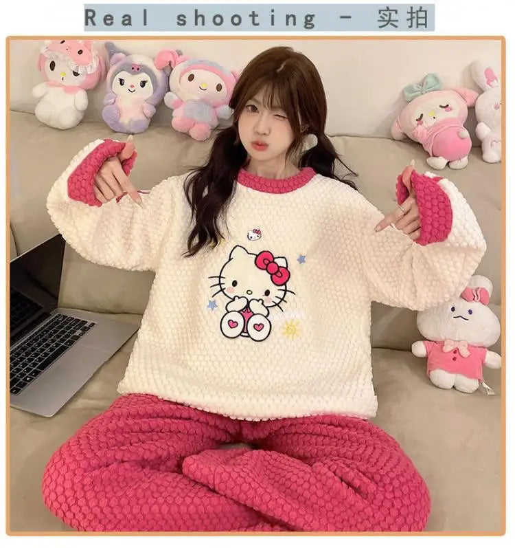 Women Cute Hello Kitty Pajamas Pants Suit Sanrioed Anime Kawaii Spring Winter Cardigan Plush Coral Fleece Red Cartoon Homewear