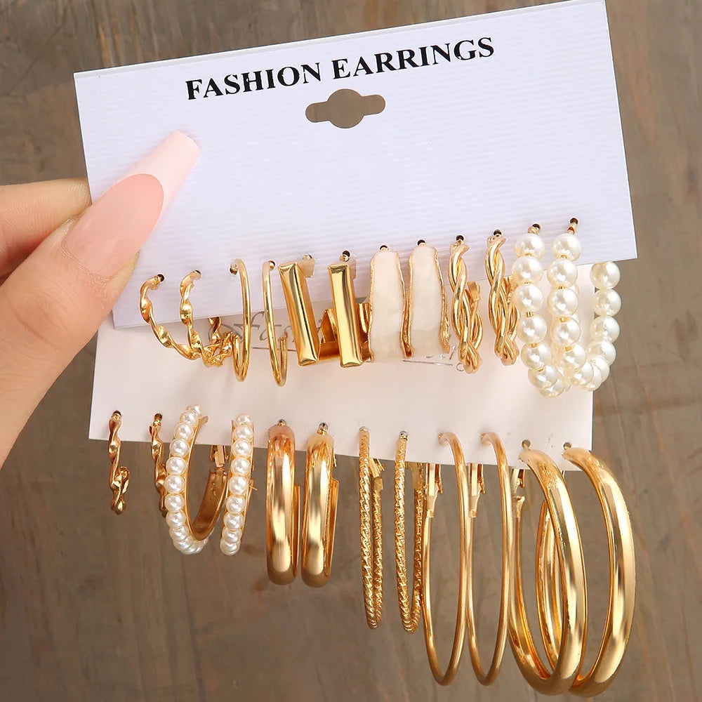 Gold Color Vintage Hoop Earrings Set For Women Boho Metal Circle Geometric Twist Pearl Dangle Earrings Trendy Jewelry Gifts 2024