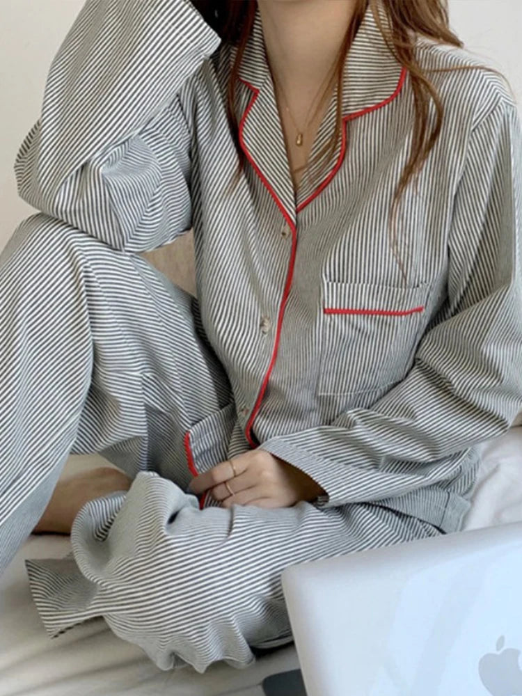 Korean Fashion Striped Leisure Wear Pajama 2 Piece Set Women Nightgown Cosplay Sexy Pajama 2024 New Autumn Winter Pajama Sets